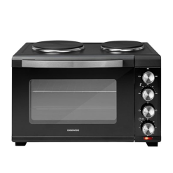 Daewoo 1500W 32L Capacity Electric Oven with 1000W and 600W Hot Plates. 90-230° Adjustable Temperature Settings and 60 Minute Timer with Indicator Light. 4SS Heating Element and Double Glass Door