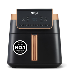 Ninja Air Fryer MAX PRO. 6.2L. Uses No Oil. Large Square Single Drawer. Roast. Bake. Air Fry. Family Size. Non-Stick. Dishwasher Safe Basket & Crisper Plate. Silicone Tongs. Black & Copper. AF180UKCP