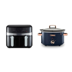 Tower T17088 Vortx 9L Dual Basket Air Fryer with Smart Finish. 2600W. Black & T16042MNB Cavaletto 3.5 Litre Slow Cooker with 3 Heat Settings
