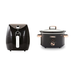 Tower T17021 Family Size Air Fryer with Rapid Air Circulation. 60-Minute Timer. 4.3L. 1500W. Black & T16042BLK Cavaletto 3.5 Litre Slow Cooker with 3 Heat Settings. Pot and Handles.Black and Rose Gold