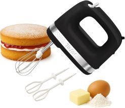 Tefal Black Collection Compact Electric Hand Mixer. 2 Speeds. 2 Stainless Steel whisks. 2 Emulsion Whisks. Baking. Cakes. Multifunction Kitchen Hand Mixer. Batter. 200W. Dishwasher Safe Parts HT2118G0