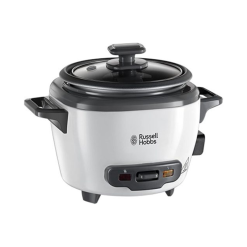 Russell Hobbs Small Rice Cooker. 3 portions of Rice (0.4 L). 600 grams at a time. Automatic Warming Function. Stainless Steel/White. Non-Stick Coating. Steam Exhaust. 200 Watt. 22.2 x 16.8 x 17.2 cm