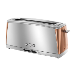 Russell Hobbs Long Slot 2 Slice Luna Toaster with faster toasting Technology (6 Browning levels. Defrost/Reheat/Cancel function. Lift & Look feature.) 1420W. Stainless Steel with Copper accents. 24310