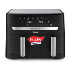 Tefal Easy Fry Dual Zone Digital Air Fryer. 2 Drawers. 8.3L. 8in1. Air Fry. Extra Crisp. Roast. Bake. Reheat. Dehydrate. 6 Portions. Non-Stick. Dishwasher Safe Baskets. Black & Metal EY901840