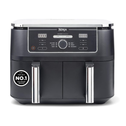 Ninja Foodi MAX Dual Zone Digital Air Fryer. 2 Drawers. 9.5L. 6-in-1. Uses No Oil. Max Crisp. Roast. Bake. Reheat. Dehydrate. Cook 8 Portions. Non-Stick Dishwasher Safe Baskets. Black AF400UK