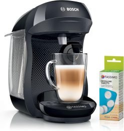 Tassimo by Bosch HAPPY Friendly Pod Coffee Machine with descaling bundle (x4 tablets included) TAS102EAGB. Black