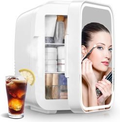 FOHERE Mini Fridge for Bedrooms. 5L/6 Can Portable Skincare Fridge with Dimmable LED Light Mirror. Cooler & Warmer for Food. Drinks and Cosmetic. Small Refrigerator for Home Office