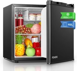 FOHERE Mini Fridge 46L. E Energy Rating. Table Top Fridge. Reversible Door. Adjustable temperature. Built in Ice Box. Compact Wine&Beers Cooling. Black