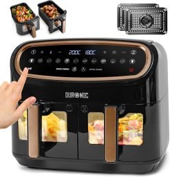 Duronic XXL Digital Air Fryer AF24 BG 10L Family Size Air Fryers Double Drawer 10in1 Dual Zone Extra Large AirFryer with Window for Cooking with Dishwasher Safe Non-Stick Baskets Black & Gold
