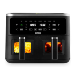 Tower Vortx Vizion 9L Dual Basket Air Fryer with Digital Control Panel. 8 Cooking Pre-sets. Sync Function & Match Cook Function. Shake Reminder. 2400W. Black. T17177
